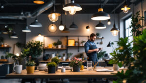A photograph of a well-lit workspace featuring an array of stylish yet affordable light fixtures