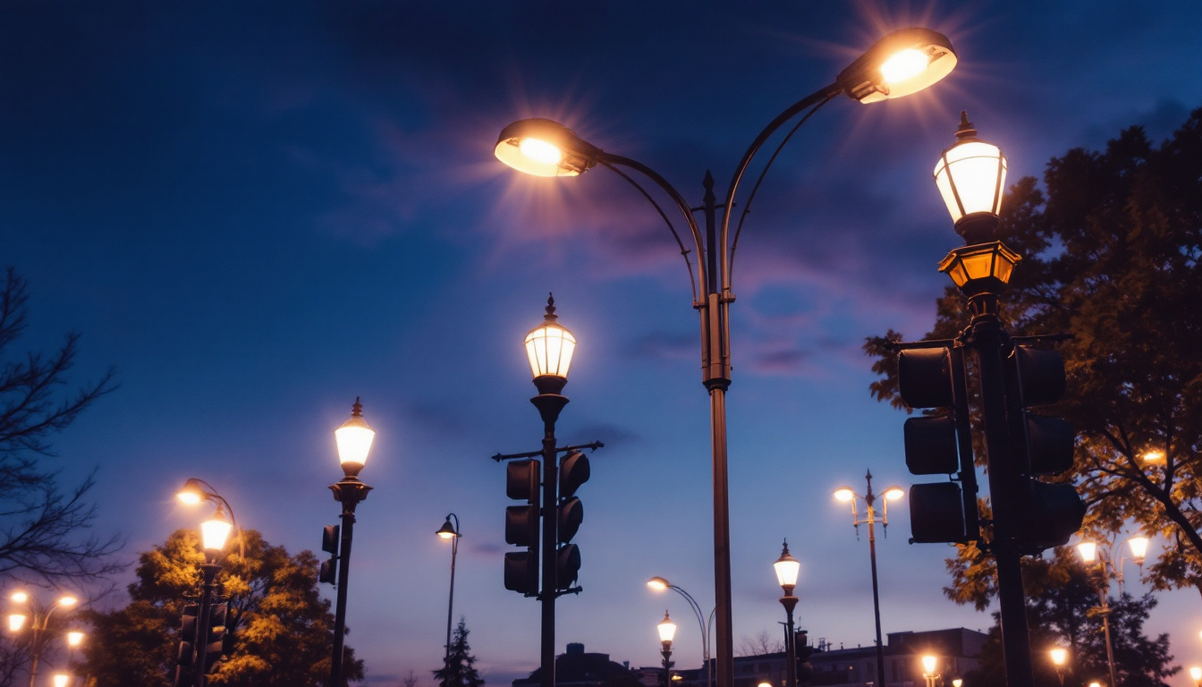 A photograph of a well-lit street scene featuring various types of street light poles