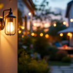 A photograph of a beautifully illuminated outdoor wall-mounted light fixture in an inviting garden or patio setting during twilight