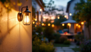 A photograph of a beautifully illuminated outdoor wall-mounted light fixture in an inviting garden or patio setting during twilight