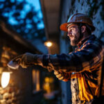 A photograph of a lighting contractor installing an led outdoor motion light in a residential setting