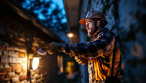 A photograph of a lighting contractor installing an led outdoor motion light in a residential setting