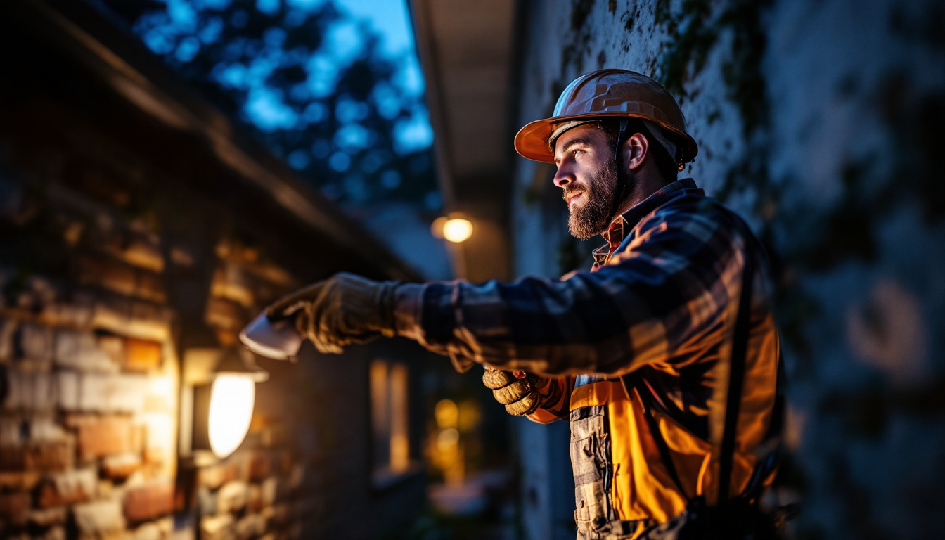 A photograph of a lighting contractor installing an led outdoor motion light in a residential setting