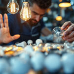 A photograph of a well-organized display of various light bulbs