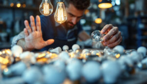 A photograph of a well-organized display of various light bulbs