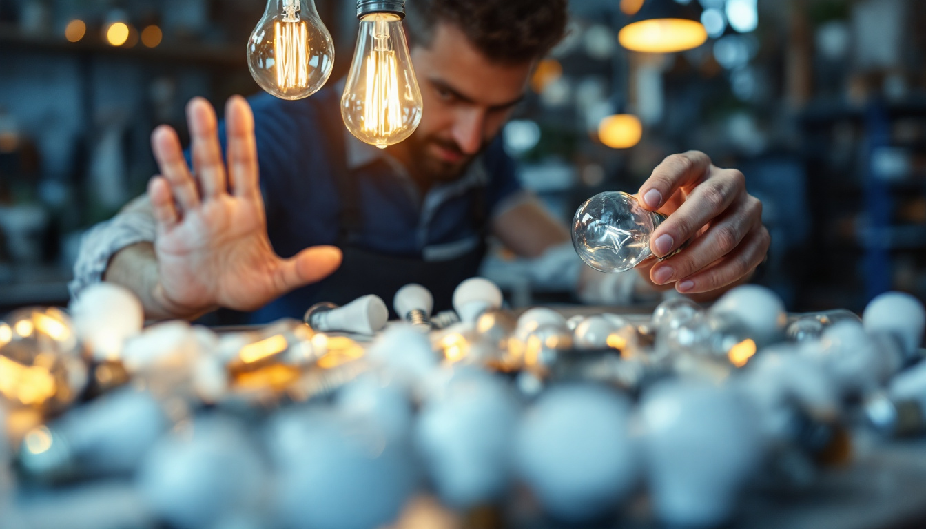 A photograph of a well-organized display of various light bulbs