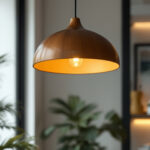 A photograph of a beautifully designed round hanging lamp in a well-lit interior space