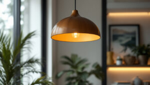 A photograph of a beautifully designed round hanging lamp in a well-lit interior space
