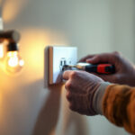 A photograph of a skilled lighting contractor installing or inspecting a wall power outlet in a well-lit residential or commercial space