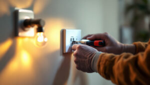 A photograph of a skilled lighting contractor installing or inspecting a wall power outlet in a well-lit residential or commercial space