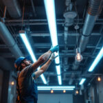 A photograph of a well-lit space featuring various tube light fixtures in use