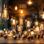 A photograph of a beautifully arranged display of vintage look led bulbs in various shapes and sizes