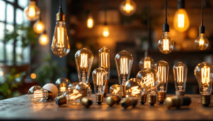 A photograph of a beautifully arranged display of vintage look led bulbs in various shapes and sizes