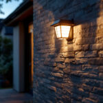 A photograph of capture a photograph of a beautifully illuminated exterior wall featuring solar external wall lights