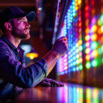 A photograph of a lighting contractor working on a vibrant rgb led installation
