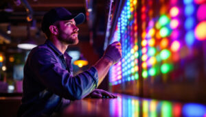 A photograph of a lighting contractor working on a vibrant rgb led installation
