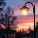 A photograph of a well-lit outdoor light pole in a residential or commercial setting