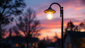 A photograph of a well-lit outdoor light pole in a residential or commercial setting