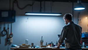 A photograph of a well-lit workshop or garage space featuring an 8 ft led shop light installed overhead