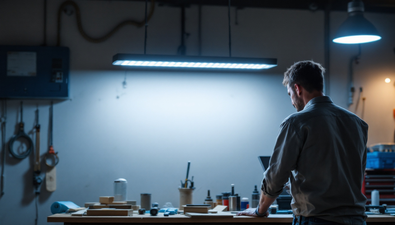 A photograph of a well-lit workshop or garage space featuring an 8 ft led shop light installed overhead