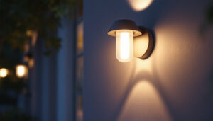 A photograph of a stylish outdoor wall light with an integrated outlet installed on a home exterior
