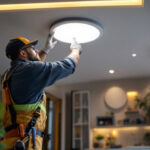 A photograph of a lighting contractor installing recessed led ceiling lights in a modern interior space