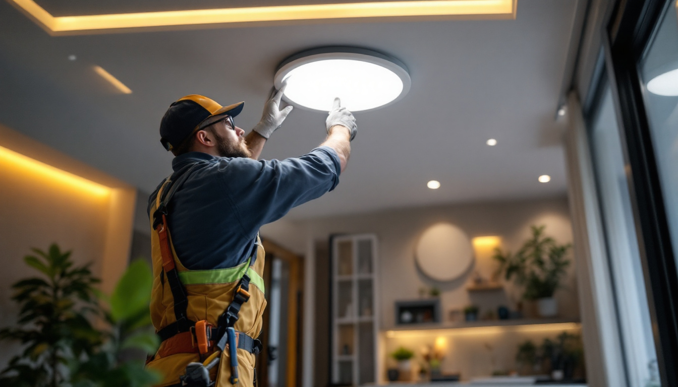 A photograph of a lighting contractor installing recessed led ceiling lights in a modern interior space