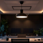 A photograph of a modern office space featuring a stylish ceiling lamp