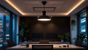 A photograph of a modern office space featuring a stylish ceiling lamp