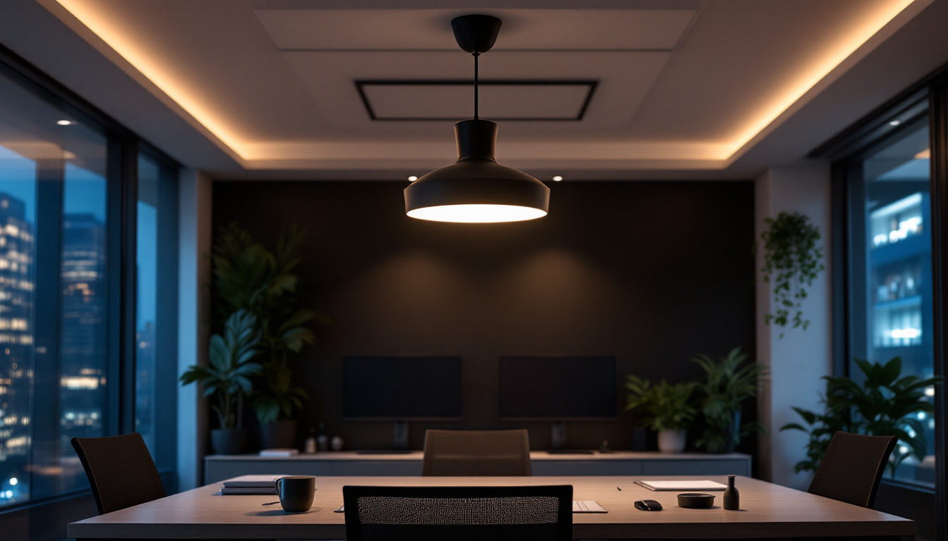 A photograph of a modern office space featuring a stylish ceiling lamp