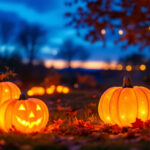 A photograph of a beautifully illuminated outdoor scene featuring solar-powered pumpkin lights in a festive autumn setting