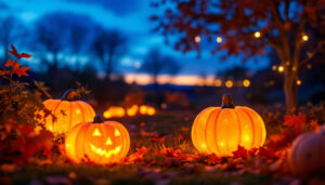 A photograph of a beautifully illuminated outdoor scene featuring solar-powered pumpkin lights in a festive autumn setting