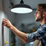 A photograph of a skilled lighting contractor installing or adjusting a modern baselite lighting fixture in a stylish interior space