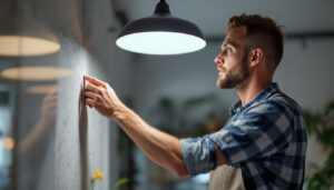 A photograph of a skilled lighting contractor installing or adjusting a modern baselite lighting fixture in a stylish interior space