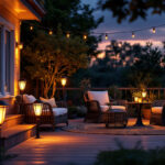 A photograph of a beautifully illuminated outdoor space featuring various solar lamps in use