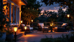 A photograph of a beautifully illuminated outdoor space featuring various solar lamps in use