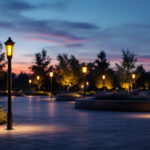 A photograph of a well-lit outdoor space featuring various styles of bollard lights