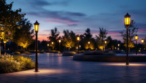 A photograph of a well-lit outdoor space featuring various styles of bollard lights