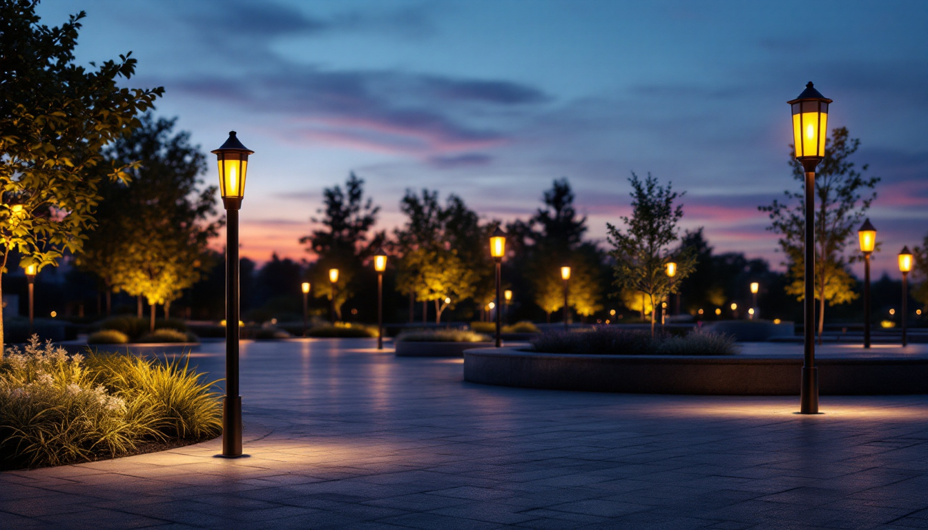 A photograph of a well-lit outdoor space featuring various styles of bollard lights