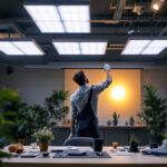 A photograph of a modern workspace featuring a sleek installation of led light panels
