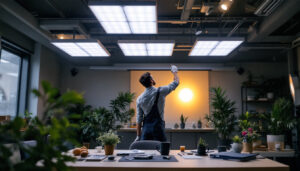 A photograph of a modern workspace featuring a sleek installation of led light panels