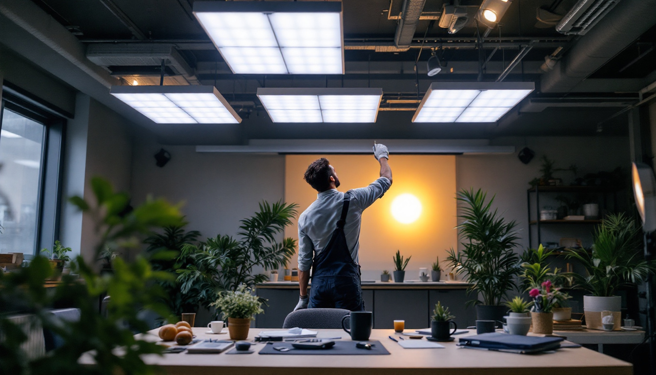 A photograph of a modern workspace featuring a sleek installation of led light panels