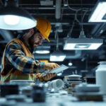 A photograph of a lighting contractor working diligently on a project