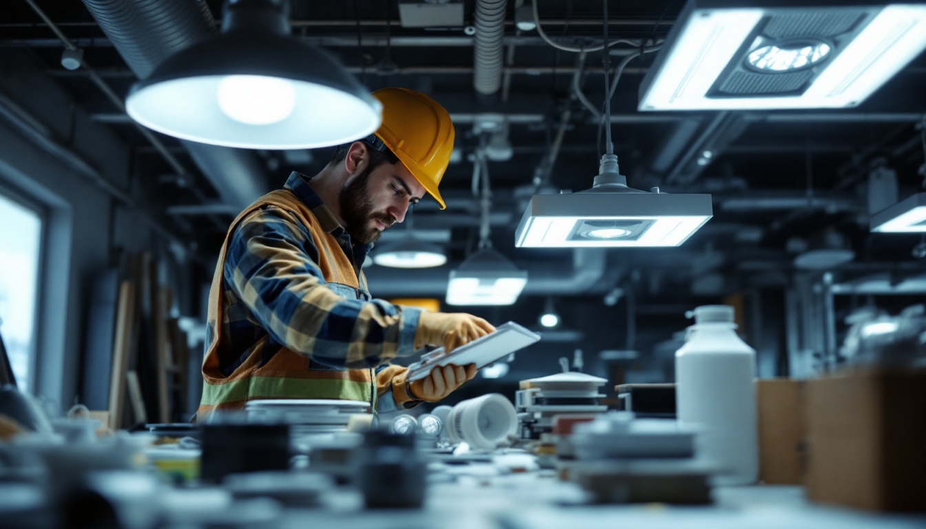 A photograph of a lighting contractor working diligently on a project