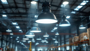A photograph of a well-lit industrial space showcasing various led high bay lights in action