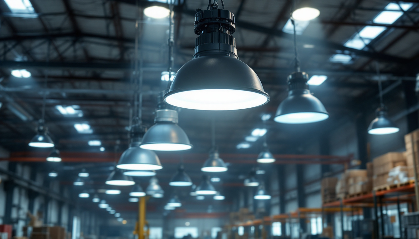 A photograph of a well-lit industrial space showcasing various led high bay lights in action