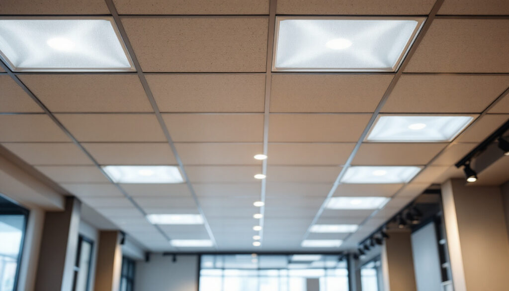 A photograph of a well-lit drop ceiling installation in a commercial space