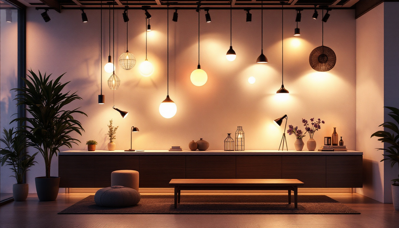 A photograph of a modern lighting installation in a stylish interior setting