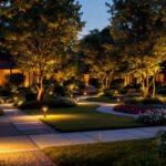 A photograph of a beautifully illuminated outdoor space at dusk