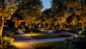 A photograph of a beautifully illuminated outdoor space at dusk